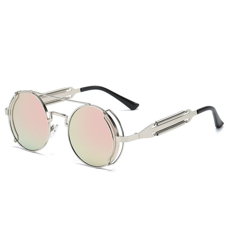 Mens Steampunk Sunglasses With Metal Frame And Plastic Accents Unique Double Spring Leg Design Fashion Eyewear Style