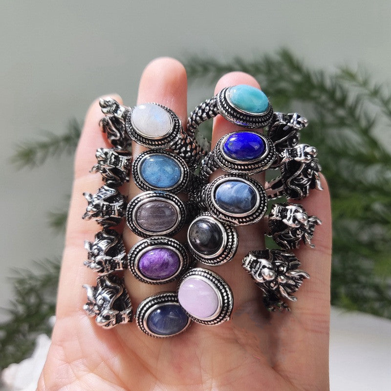 Unisex Glitter Stone Ring Fashion Personality Open Adjustable Charoite Ring Electroplated Semi Precious Stone Ring for Men and Women Mixed Color