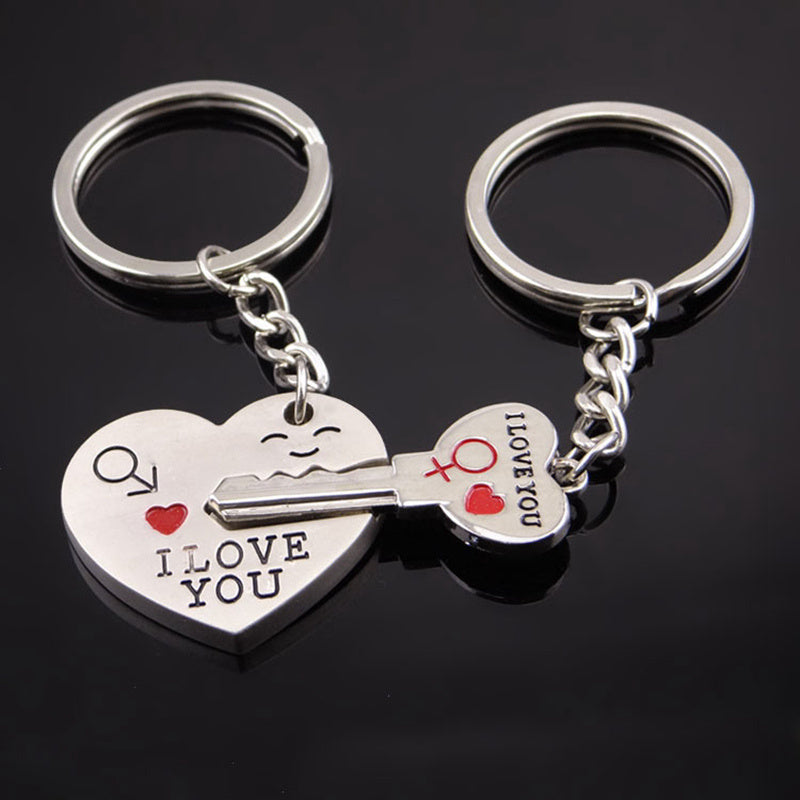 Couple Heart Keychain Set Enamel Zinc Alloy I Love You Heart Lock Pendant Romantic Gift for Lovers Silver Tone