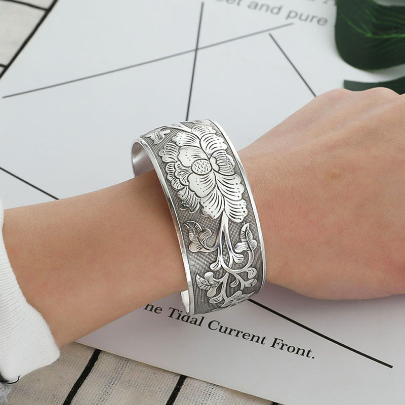 Peony Flower Bracelet Silver Plated Bangle 2.5cm Wide Floral Design For Women And Girls Inner Diameter 5.9cm