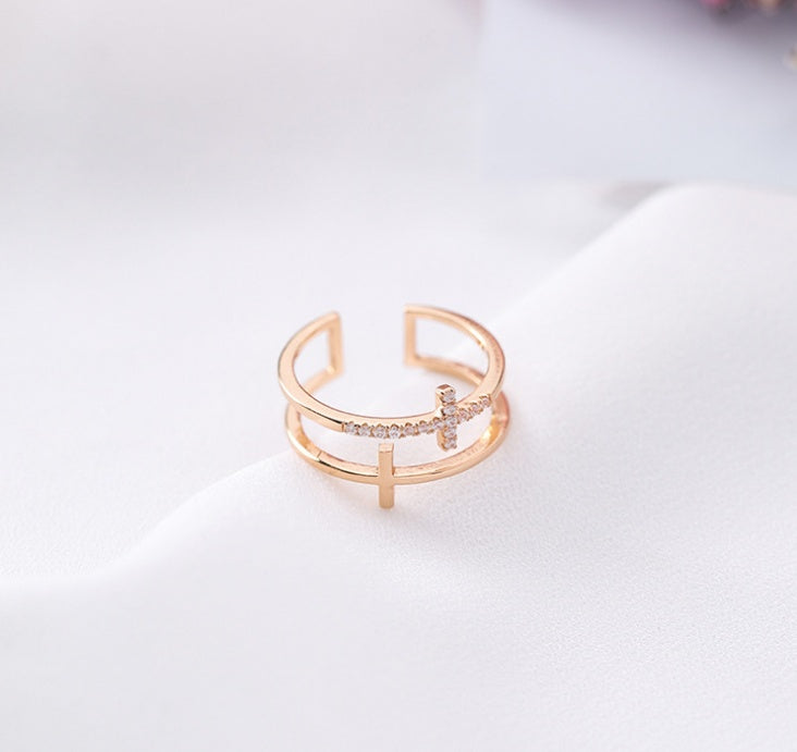 Womens Adjustable Copper Double Cross Ring Micro Set Geometric Fashion Jewelry Trendy Finger Ring Korean Style