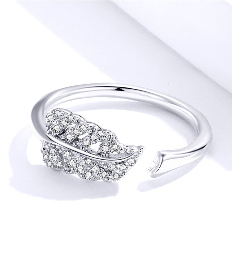 Womens Sterling Silver Ring Adjustable Zircon Feather Delicate Design Thin Band 0.15cm Gift for Her 925 Silver