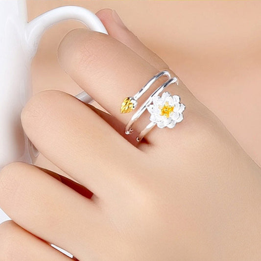 Womens Ring Lotus Design Adjustable Opening Electroplated Copper Fashion Jewelry Elegant Unique Statement Ring