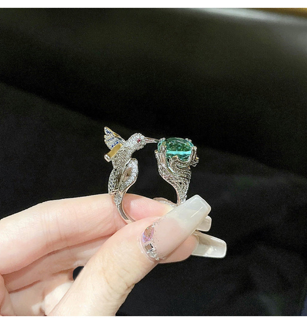 Women Adjustable Hummingbird Ring Copper Plated with Gold Inlay Semi Precious Stone Peacock Green Diamond Jewelry