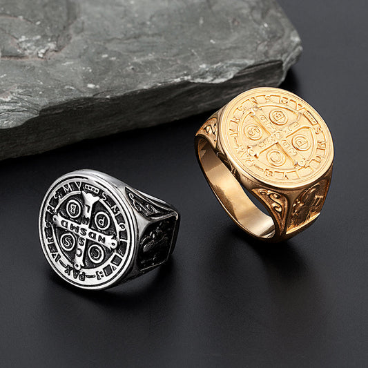 Gold Titanium Steel Cross Ring For Men Unisex Retro Style