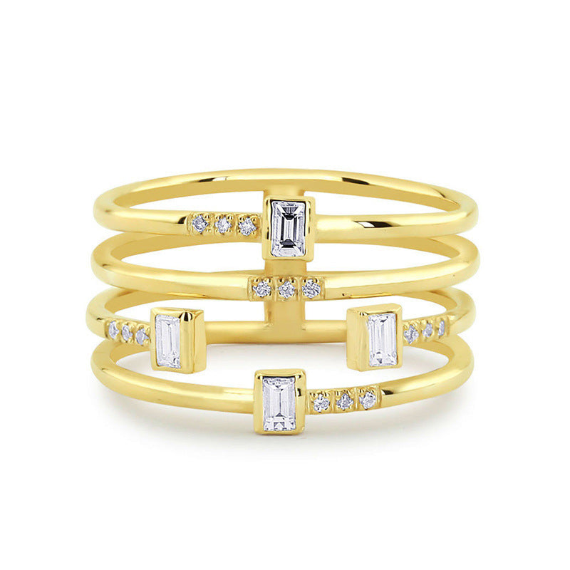 Four Line Ladies Ring Copper Plated Silver Zircon Party Jewelry Fashion Geometric Inlay Elegant Gift For Women