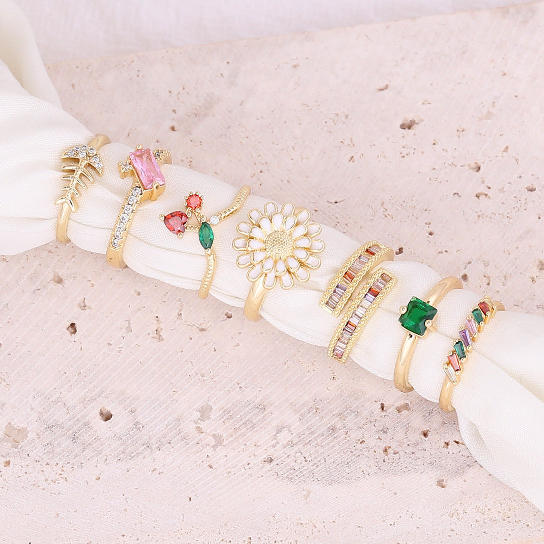 Women Adjustable Copper Ring With Zircon Daisy And Cherry Design Electroplated Jewelry Gift For Her Girls Charm