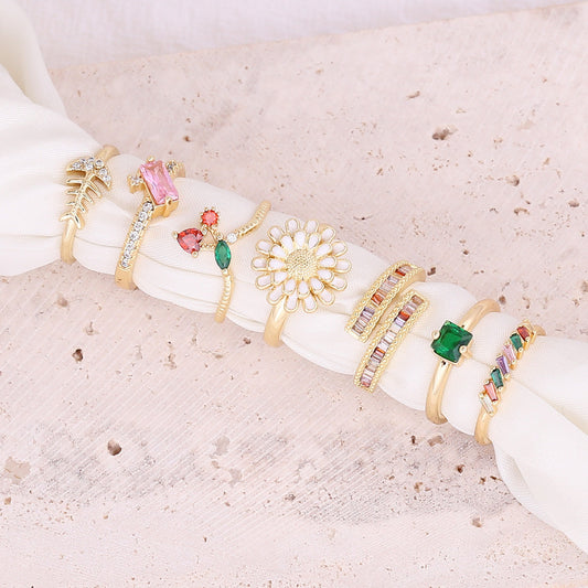 Women Adjustable Copper Ring With Zircon Daisy And Cherry Design Electroplated Jewelry Gift For Her Girls Charm