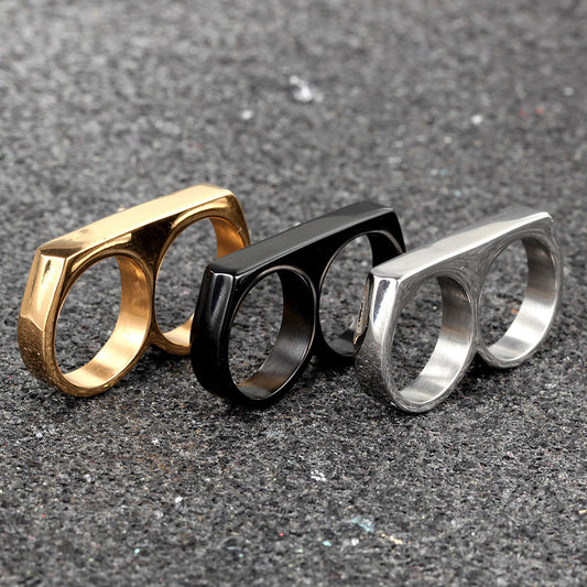 Two Finger Ring Geometric Alloy Handmade for Men in Black Steel Gold Size 7 8 9 10 11 12 13 Daily Wear Designs