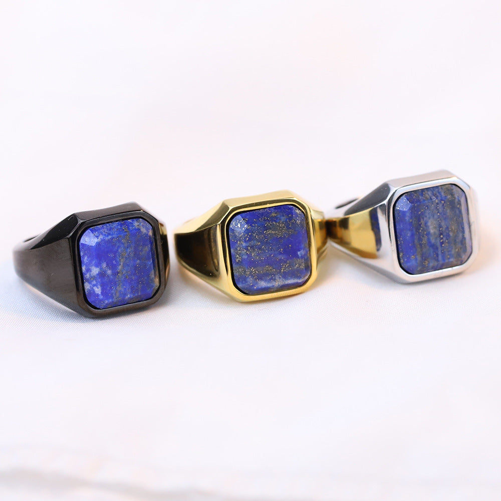Unisex Titanium Steel Ring with Geometric Square Lapis Inlay Retro Stainless Steel Statement Ring Gift for Him or Her Fashion Jewelry Accessories