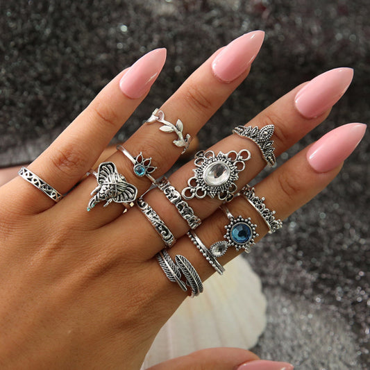Womens Boho Vintage Gemstone Elephant Rings Alloy Geometric Statement Rings Electroplated Silver Ring Set Boho Ring Set