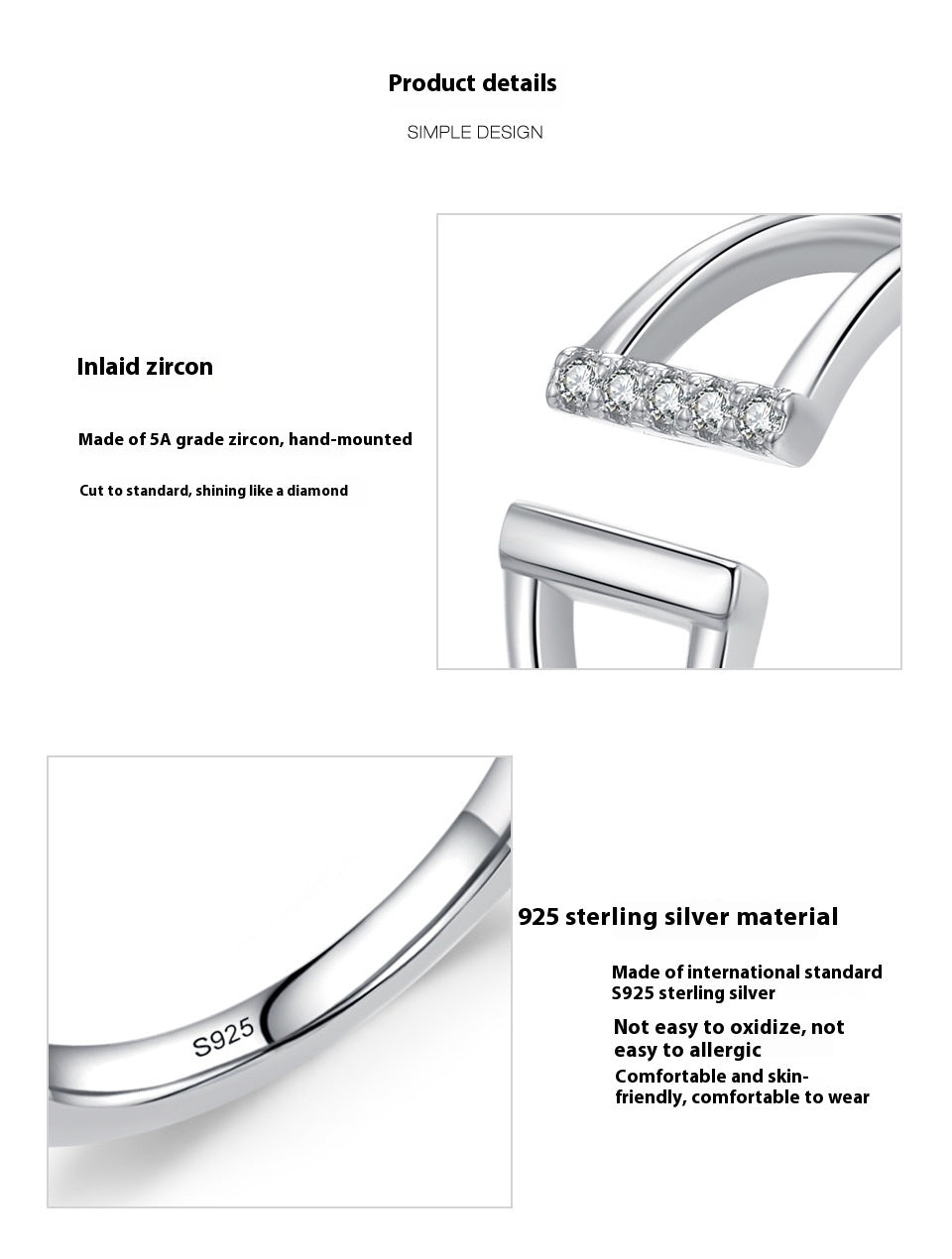 Sterling Silver Geometric Ring With Micro Rhinestones Line Pattern For Women US Sizes 5 7 9 Elegant Daily Wear