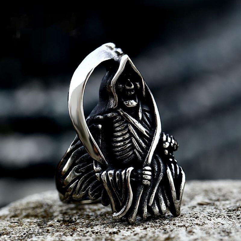 Stainless Steel Skull Ring Death Sickle Retro European American Style For Men With Polished Titanium FinishTop