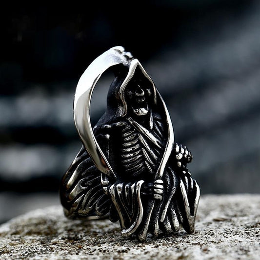 Stainless Steel Skull Ring Death Sickle Retro European American Style For Men With Polished Titanium FinishTop