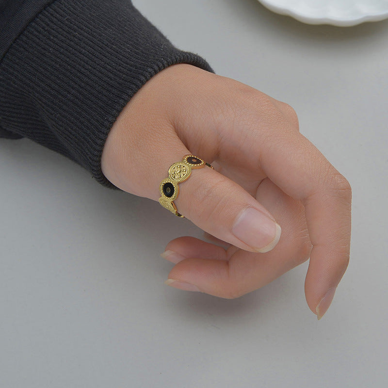 Round Totem Titanium Steel Adjustable Ring Vintage Geometric Style Womens Fashion Accessory Modern Retro Looks