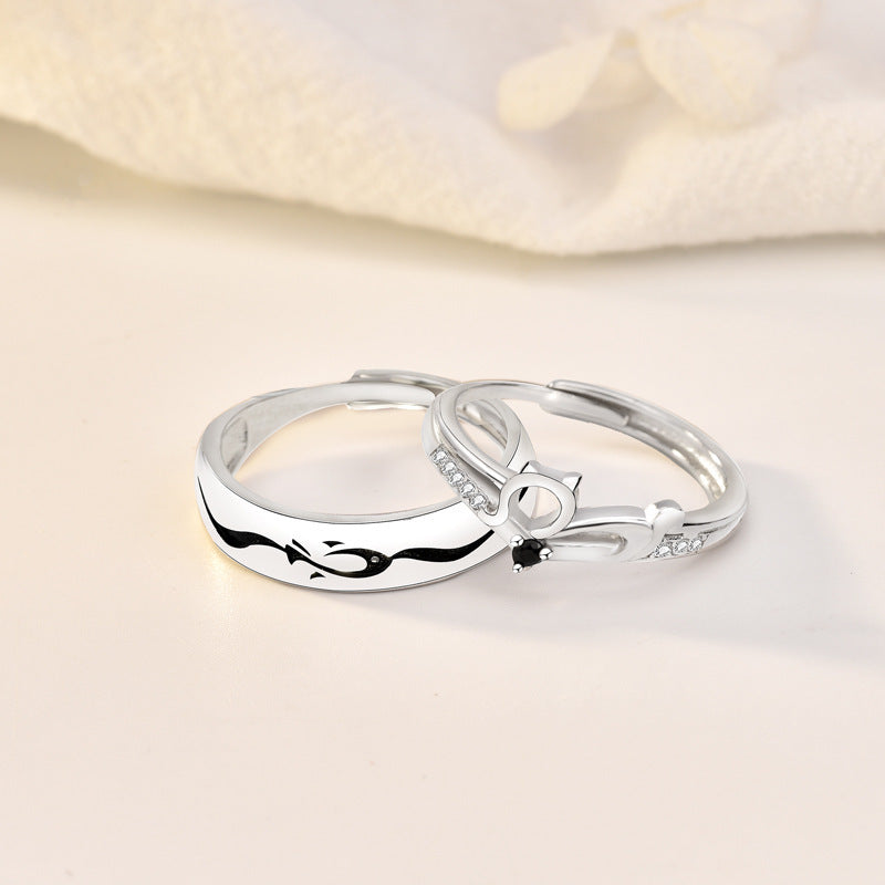 Sterling Silver Cat And Fish Couple Ring Set Matching Anniversary Band For Him And Her 925 Silver Gift For Two