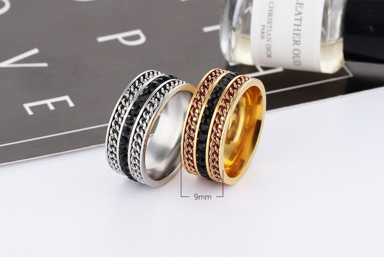 Three Row Wide Cable Chain Black Diamond Ring For Men Titanium Steel With Gem Inlays Elegant Modern Design Art