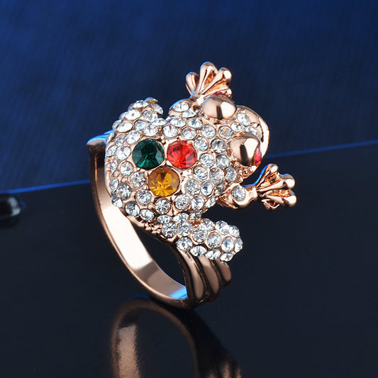 Womens Cute Frog Ring Rhinestones Inlaid Alloy Rose Gold Jewelry Polished Durable Animal Personality Accessory