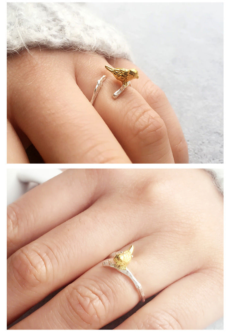 Sterling Silver Branch Ring With Bird Design Animal Zodiac Open Adjustable Korean Style Fashion Jewelry For Women 925