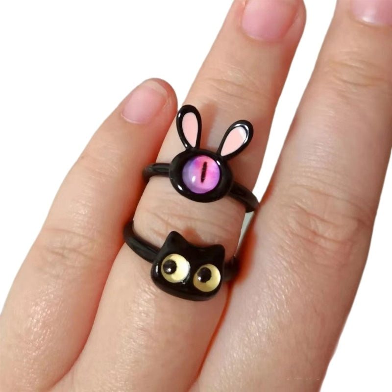 Women's Open Ring Featuring Cute Animal Design Adjustable Alloy Ring With Black Kitty Cat And Cartoon Rabbit Cute