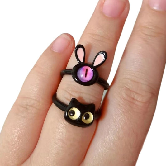 Women's Open Ring Featuring Cute Animal Design Adjustable Alloy Ring With Black Kitty Cat And Cartoon Rabbit Cute