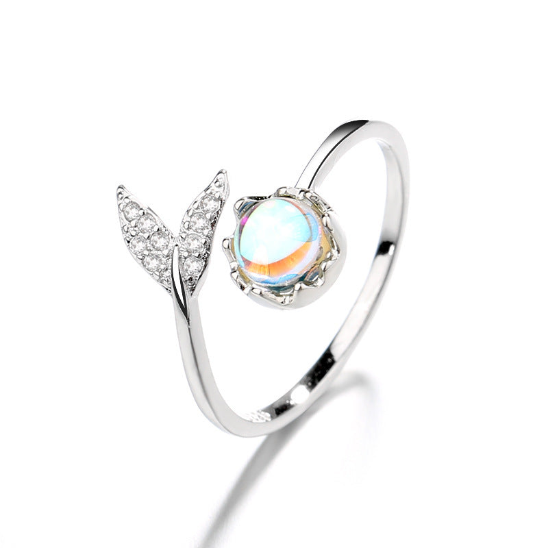 Womens 925 Sterling Silver Ring with Aurora Moonstone and 3A Zircon Fishtail Design Adjustable Opening Index Finger Ring White Gold Mermaid Ring