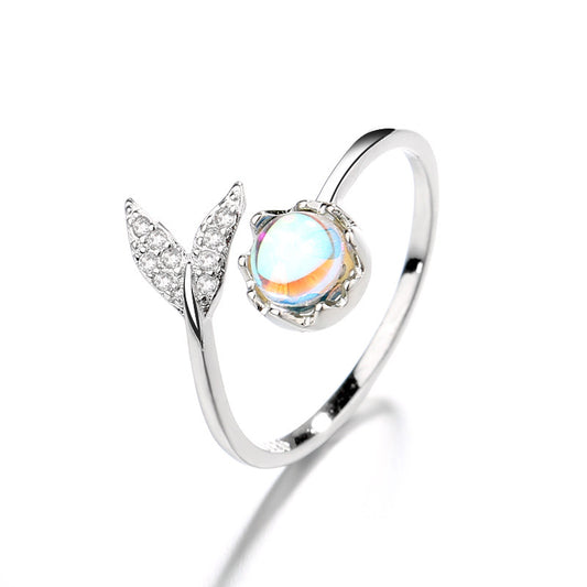 Womens 925 Sterling Silver Ring with Aurora Moonstone and 3A Zircon Fishtail Design Adjustable Opening Index Finger Ring White Gold Mermaid Ring