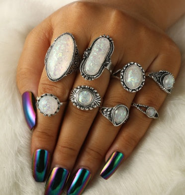 Geometric Rings Set Round And Oval Gemstones Vintage Alloy Inlaid Artificial And Semi Precious Stone 8 Piece