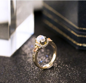Womens Vintage Moonstone Ring Geometric Design Alloy Fashion Jewelry Celestial Statement Ring Vintage Inspired