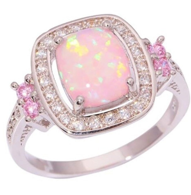 Women Austrian Crystal Rose Opal Ring Fire Fashion Jewelry Silver Plated Gift Accessory Pink Size 5 6 7 8 9 10