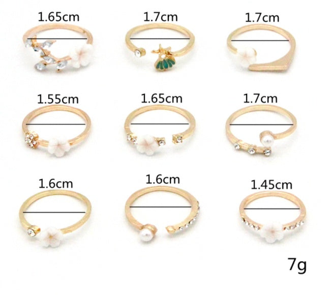 Womens Bohemian Ring Set With Pearl Flower And Diamond Inlay Gold Plated Alloy Jewelry One Size Inlay Gems Set Style