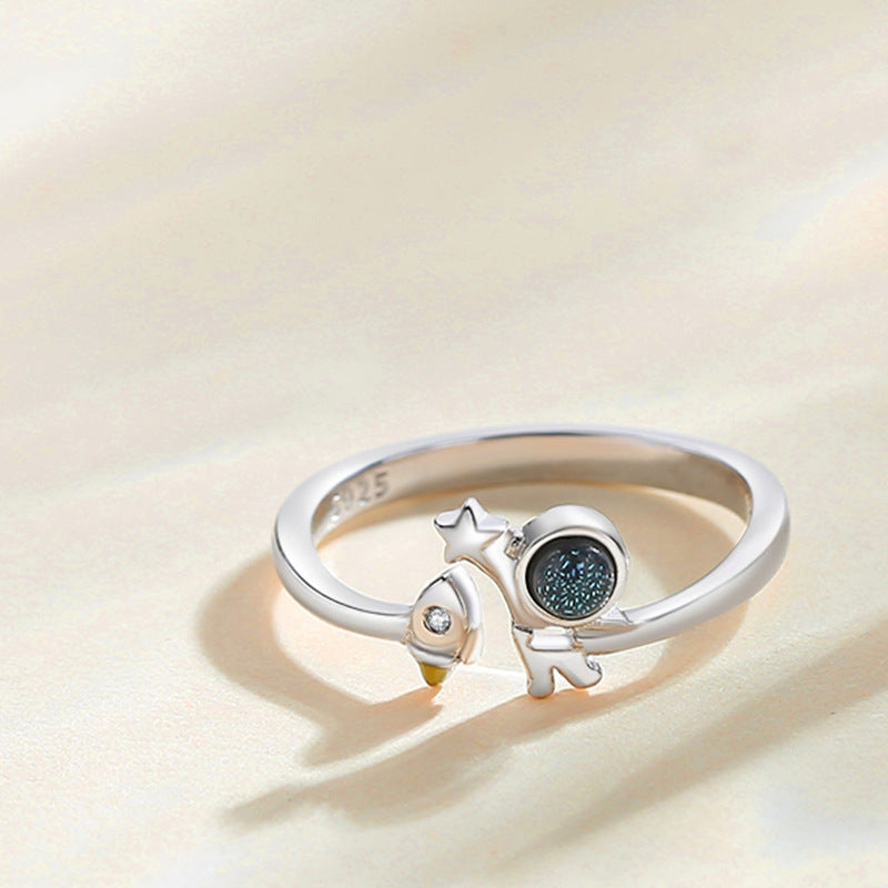 Adjustable Astronaut Couple Ring 925 Silver with Colored Glaze Stone Cartoon Jewelry Adjustable Opening Design