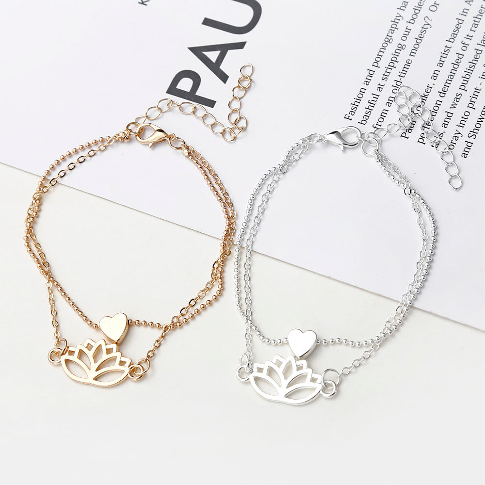 Womens Hollow Lotus Heart Bracelets Electroplated Delicate Fashion Jewelry 2 Piece Set for Valentines Day Gifts