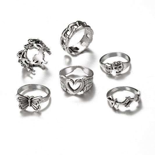Alloy Rings Set Retro Love Butterfly Rings European Style Simple Rings for Birthday Wedding Travel Souvenir Keepsake