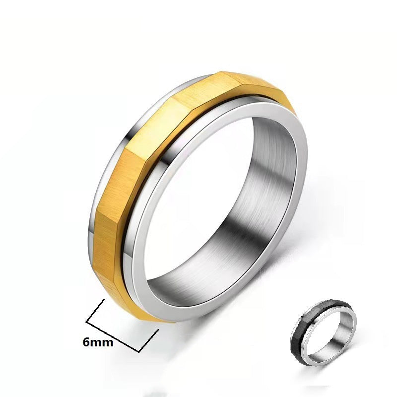 Unisex Black Gold Titanium Steel Ring With Diamond Cut Geometric Design Rotating Band Jewelry Electroplated Finish