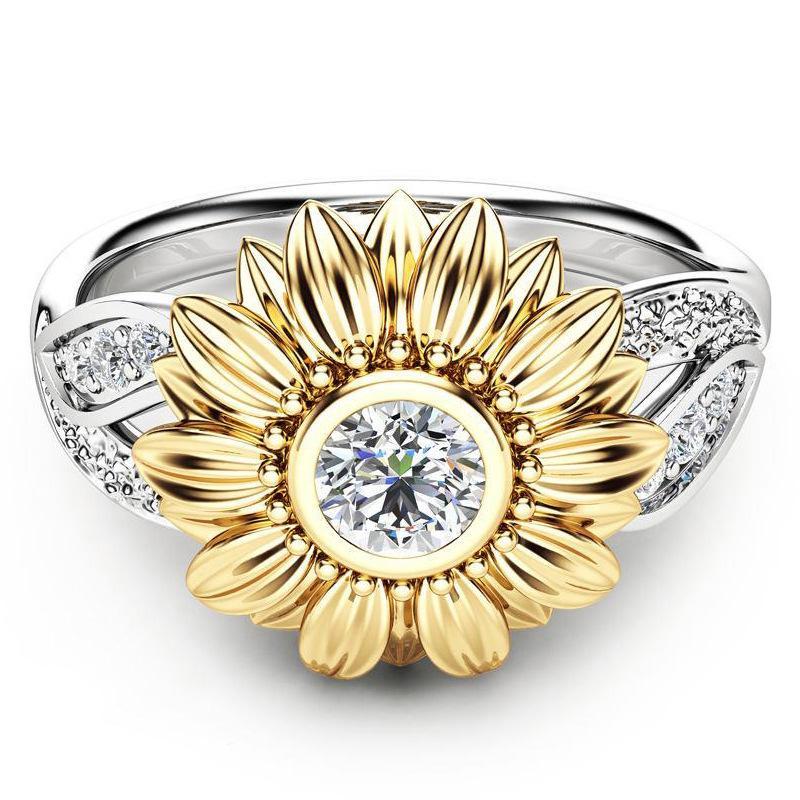 Gold Plated Couple Ring Sunflower Zircon Crystal 15mm Tension Setting Elegant Gift For Couples Delicate Detail