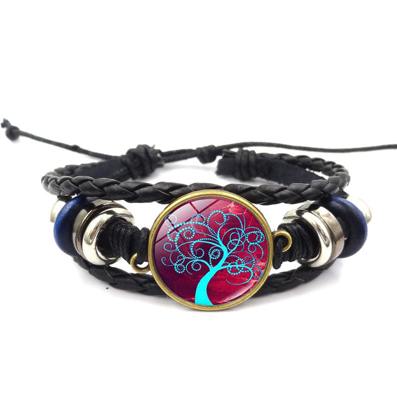 Tree of Life Handmade Multilayer Braided Leather Bracelet with Glass Charm Black Alloy Adjustable High Quality