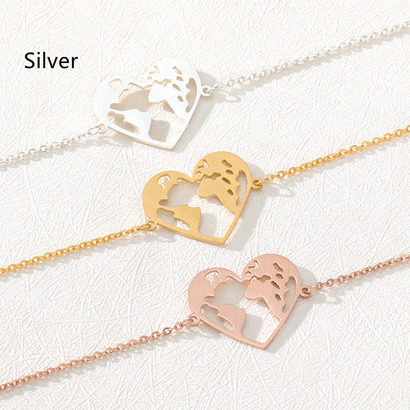 Womens Heart Shaped World Map Pendant Bracelet Stainless Steel Adjustable Chain Heart Fashion Jewelry Gift For