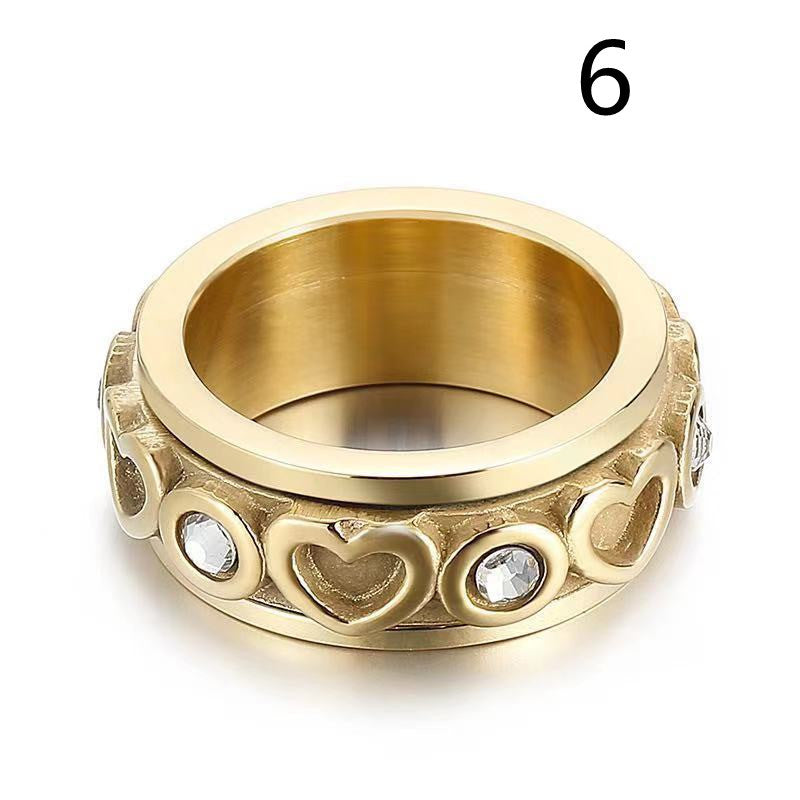 Womens Heart Shaped Ring Diamond Studded Index Finger Ring Titanium Steel Fashion Jewelry Gift For Her Gold and Steel Color Design For Women and Girls