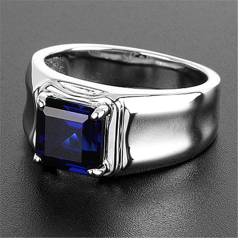 White Gold Plated Blue Green Ruby Men Ring Geometric Korean Style Jewelry Gift Box Ready For Weddings And Everyday Wear