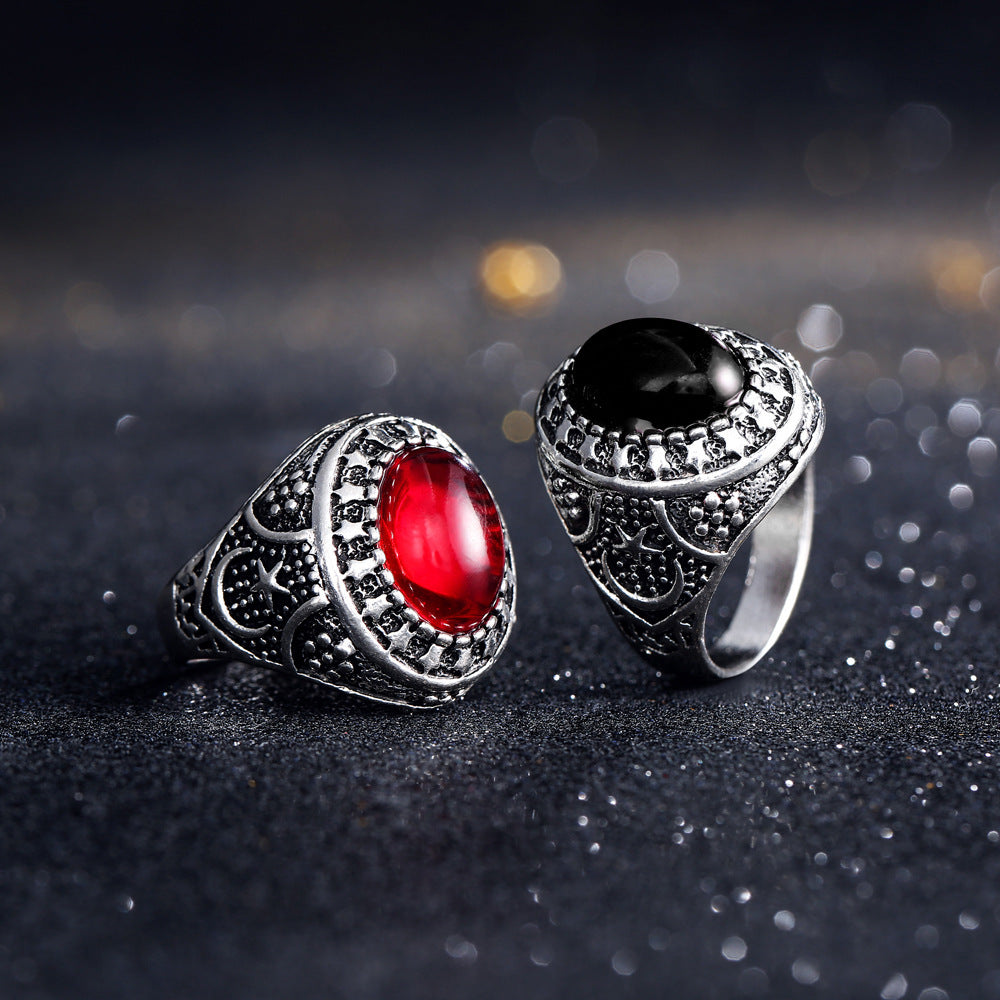 Womens Vintage Alloy Ring Antique Silver Electroplated Geometric Moon And Stars Design With Ruby Gem Inlay Fashion