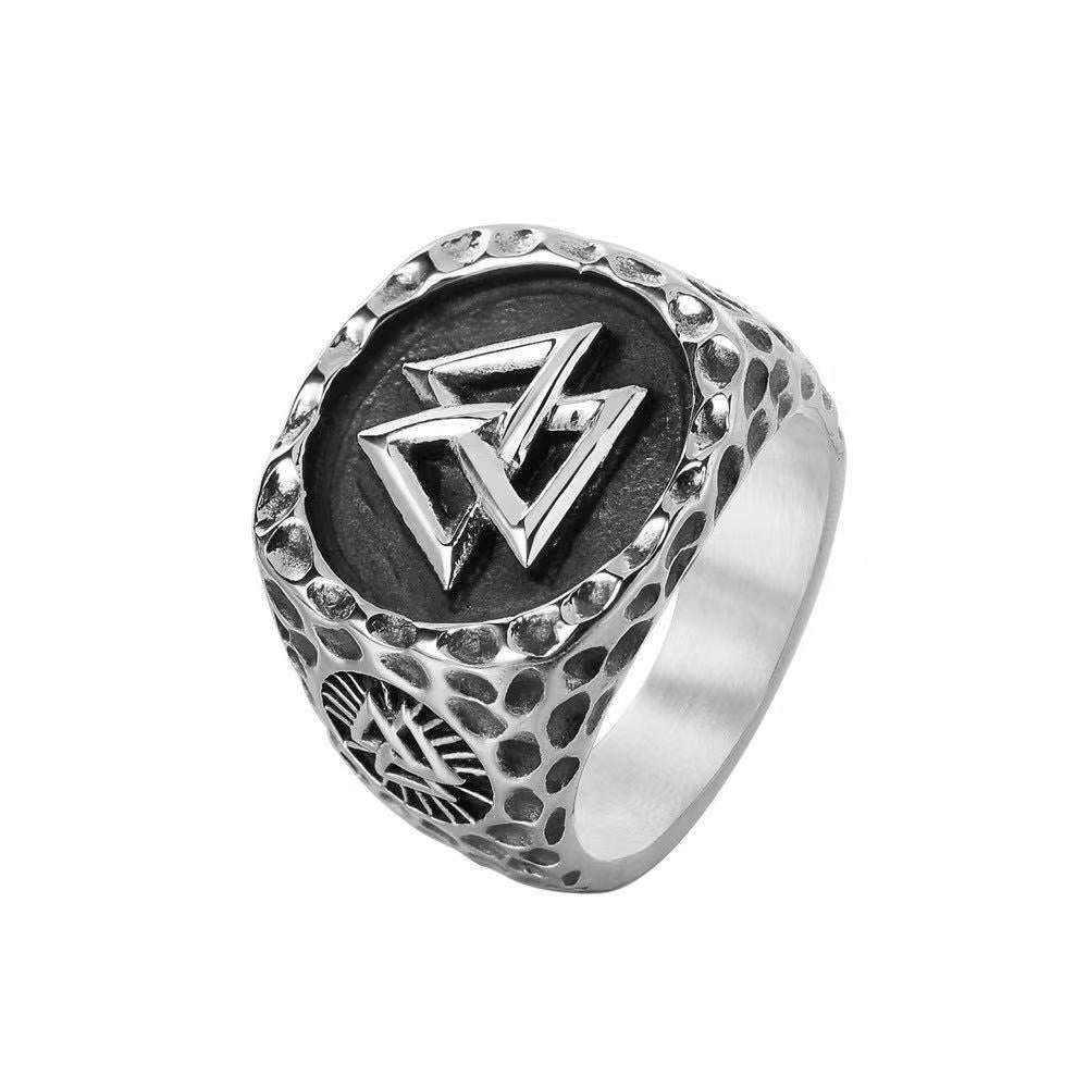 Men's Nordic Viking Triangle Ring Stainless Steel Band European and American Geometric Statement Ring Accessories Wide 22mm Steel Ring for Him
