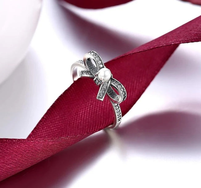 Womens Sterling Silver Ring With Pearl Inlay Bow Geometric Design Electroplated Finish Elegant Jewelry Gift For Women