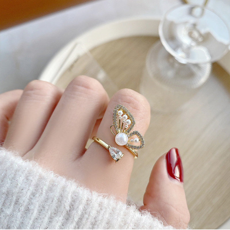 Womens Butterfly Wing Pearl Ring Adjustable Gold Plated Copper Elegant Fashion Jewelry Birthday Gift Gem Stone