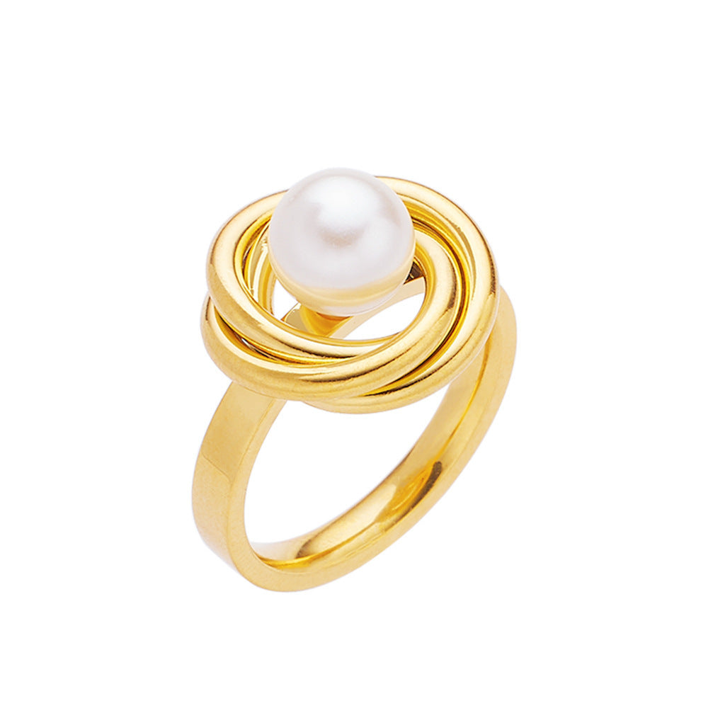 Geometric Freshwater Pearl Ring in Gold Tone Titanium Steel for Women Hypoallergenic Elegant Fashion Accessory