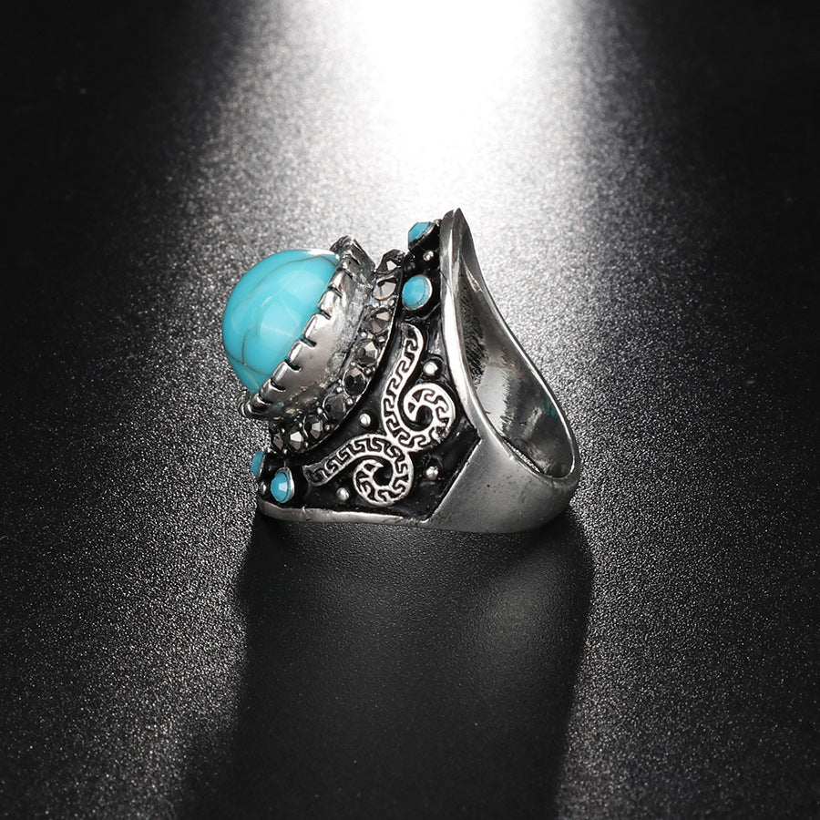 Turquoise Electroplated Alloy Ring With Crown Design Unisex Jewelry Inlay Gemstone Festive Gift In Everyday Wear