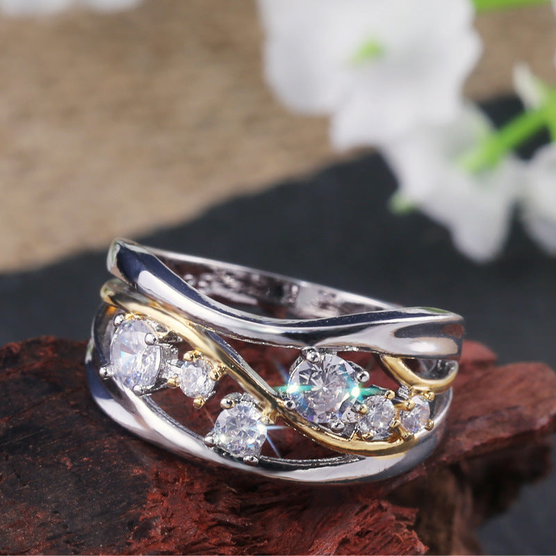Two Tone Copper Ring Geometric Inlaid Zircon Rings European American Fashion Jewelry Gift For Her Copper Style