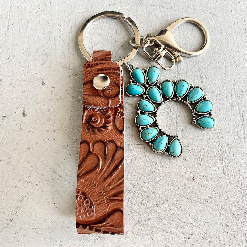 Leather Keychain Embossed Cattle Leather Turquoise Pumpkin Flower Pendant Western Style Electroplated Key Ring