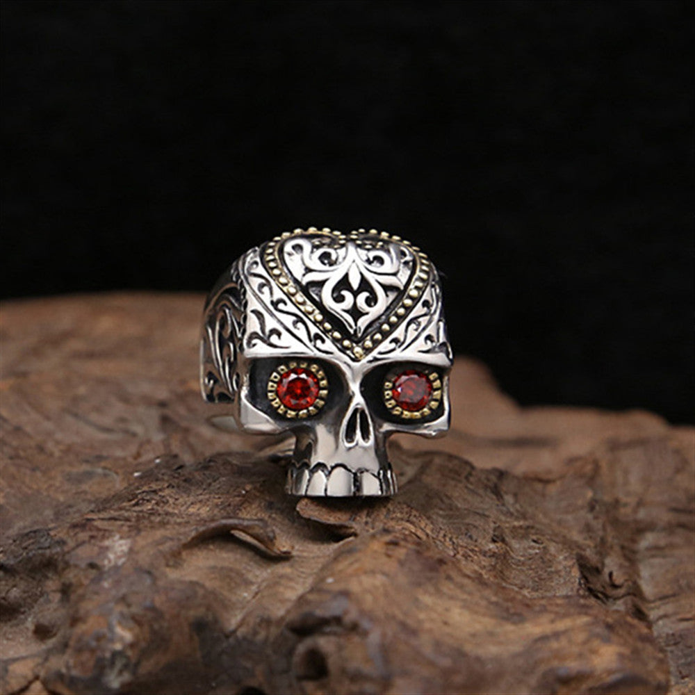 Mens Skull Ring Copper Micro Inlay Gold Plated Gemstones European Fashion Ring Retro Statement Ring Size 7 8 9