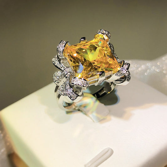 Women Open Ring Princess Square Diamond Ice Flower Cut Design Rhodium Plated Brass Adjustable Fit Jewelry Gift